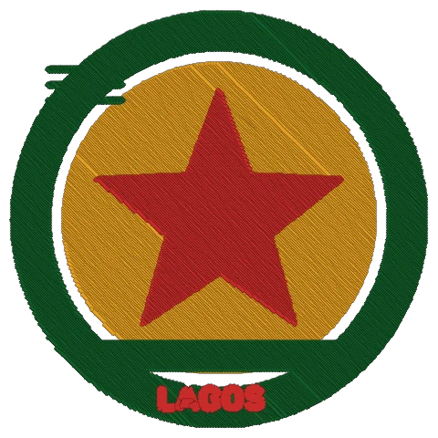 A stitched badge with a red star on a gold circle inside a green ring